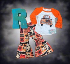 Girls Halloween Outfit: Pumpkin Truck Shirt  Spooky Bell Bottoms