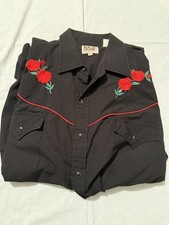 Vintage Pearl Snap Ely Cattleman Western Shirt XL Black Embroidered Red Roses