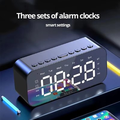 LED Digital Alarm Clock with Bluetooth Speaker   Mirror Display, Temprature