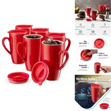 MITBAK 6-Pack 16-Ounce Red Ceramic Coffee Mug Set with Lids