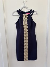 Lilly Pulitzer Pearl Stretch Shift Dress Navy Gold Size 2 xs/small NWT $198