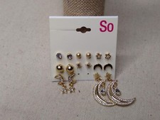 So - 8-Pair Gold Tone Earrings - Both Studs  Dangling, Moon, Stars  Rhinestone