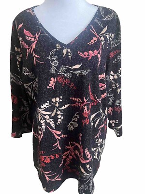 Christopher & Banks Tropical Floral Black Tunic Blouse Top Coral + Pink XL