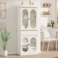 Modern Kitchen Pantry Cabinet Cupboard Storage Cabinet w/Glass Doors and Drawers