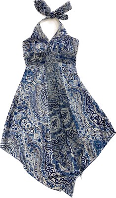alyn paige halter dress New York Y2K Blue Paisley Asymmetrical Satin Size 3/4 non-iron