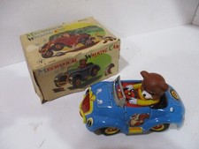 TEDDY BEAR WALKING CAR-WIND-UP-MINT IN BOX - Made In Japan- Works All Tin