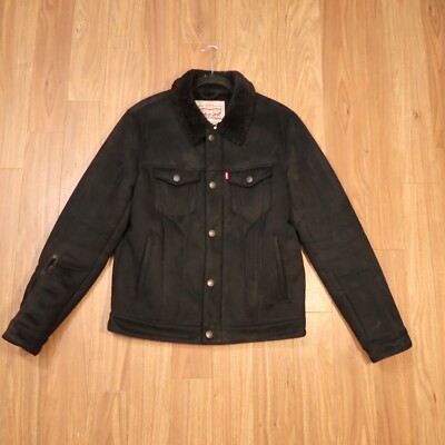 Levi's Trucker Jacket Mens Small Black Sherpa Lined Faux Shearling Coat LM0RS3