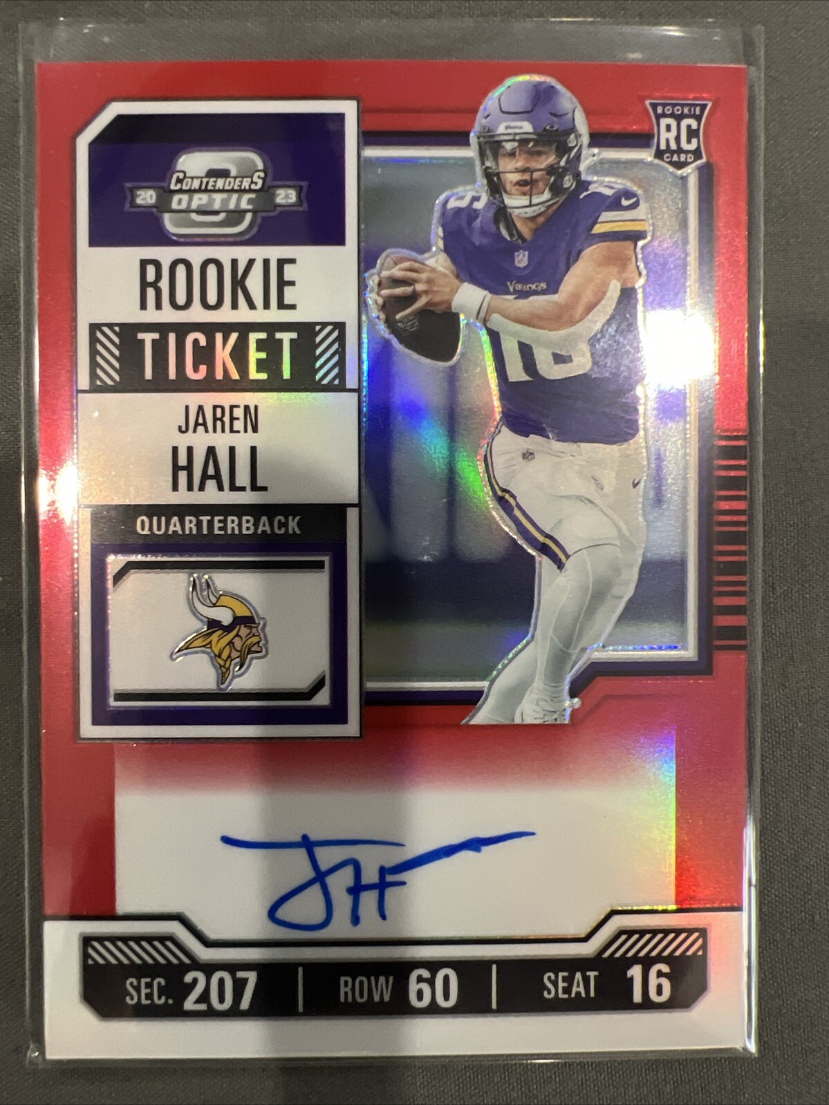 2023 Contenders Optic Football Jaren Hall Rookie Ticket Auto RC Vikings Red /175