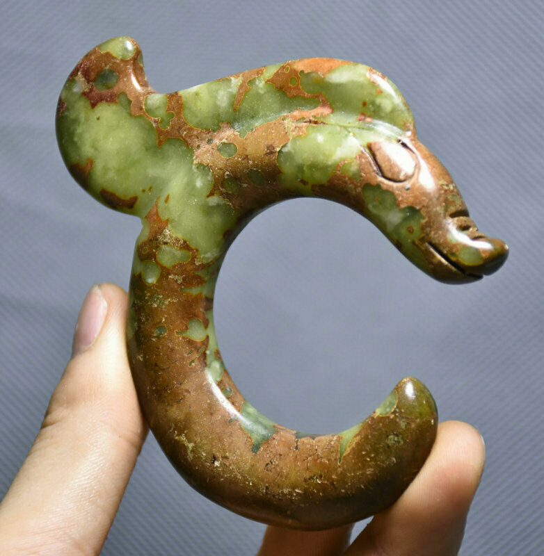 9CM Old Chinese Hongshan Culture Green Jade Yu Pig Dragon Hook Amulet
