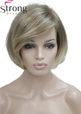StrongBeauty Short Straight Ombre Blonde Bob, Side Swept Bangs Synthetic Wig