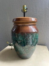 Vintage Mid Century Modern Ceramic Drip Glaze Cream Brown Table Lamp