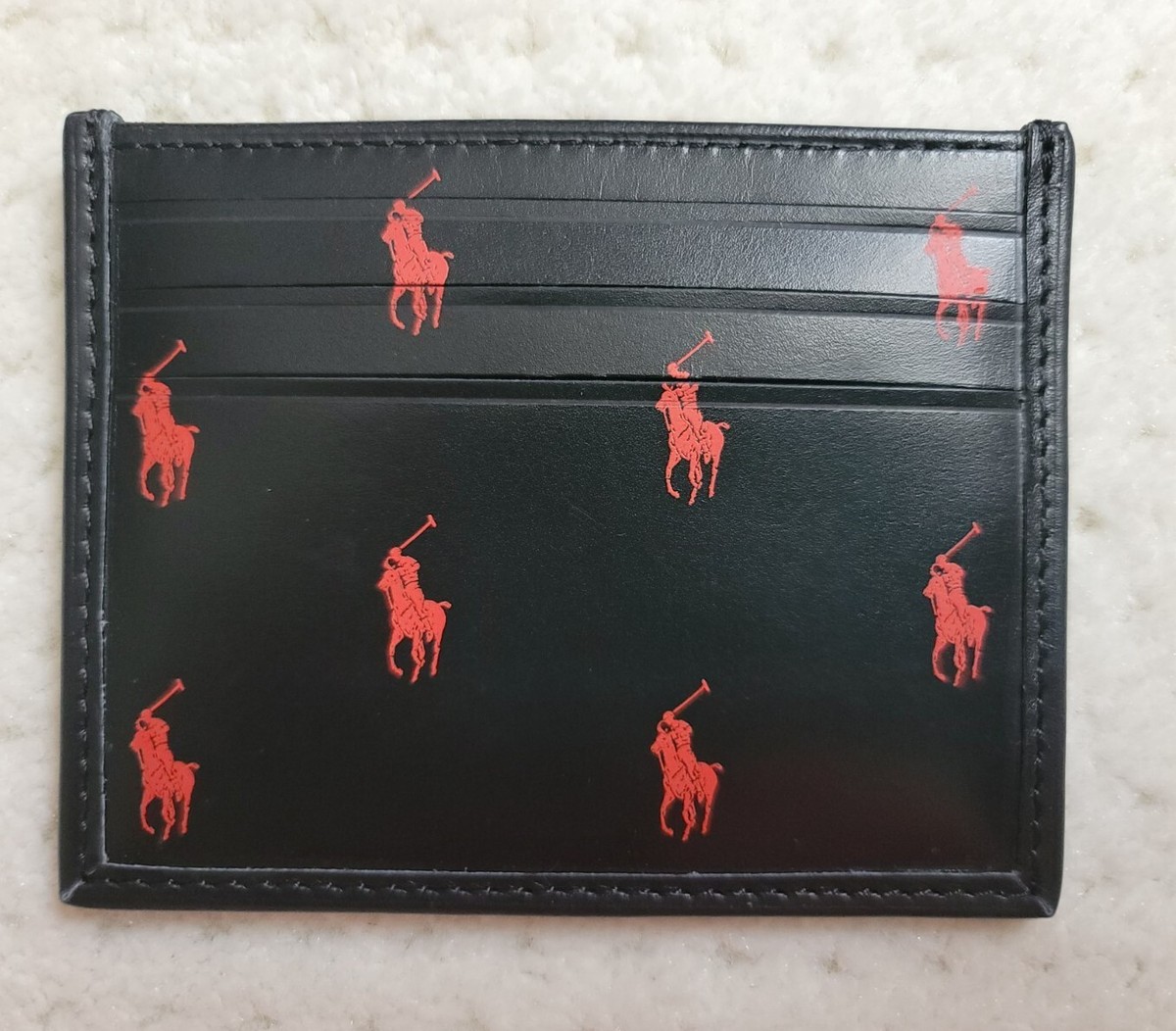セール!Polo Ralph Lauren 上質レザー Pony Compact Wallet Polo Ralph Lauren Black Red Leather Card Case Wallet Pony