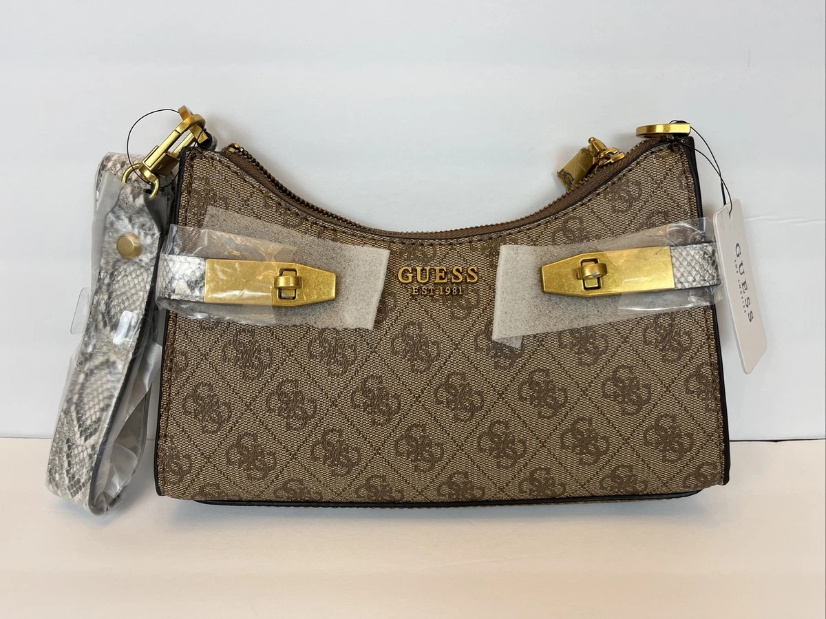 GUESS womens Zadie Logo Top Zip Shoulder Bag, Latte Logo Python