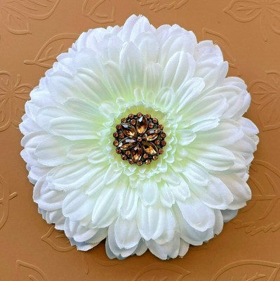 5'' White Gerbera Daisy & Brown Amber Rhinestone Cabochon Silk Flower Hair Clip