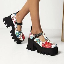 Womens Fashion Round Toe Floral T Straps Platform Chunky Heel Mary Jane Shoes HA