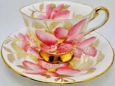 Vintage Royal Chelsea Hand Painted Pink Lily Floral Cup & Saucer; Gold Teacup