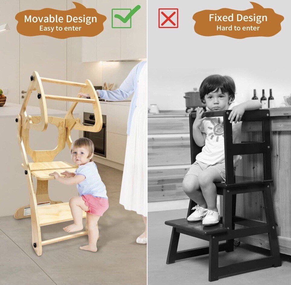 Toddler Standing Tower, Safe Wooden Toddler Learning Tower, Adjustable