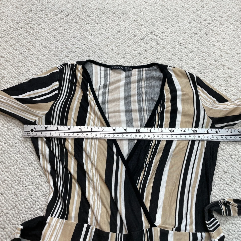 Boohoo Mameluco Mujer 8 Marrón Negro Rayas Cuello en V Cinturón Corbata Manga Larga Suave Foto 2 de 4