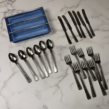 Vintage 21 pc Children Play Silverware Flatware Utensils Blue Basket Doll Metal