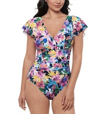 Swim Solutions Womens Garden Dreams Flutter One-piece, Navy Multi, Size 8, 102