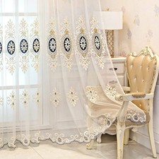 Beige Embroidered Sheer with Blue Pattern European Style Curtains for Bedroom...