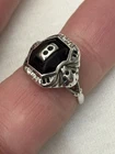 Vintage Antique Art Deco Sterling Silver Floral Onyx Ring Sz5.5, 3.1g