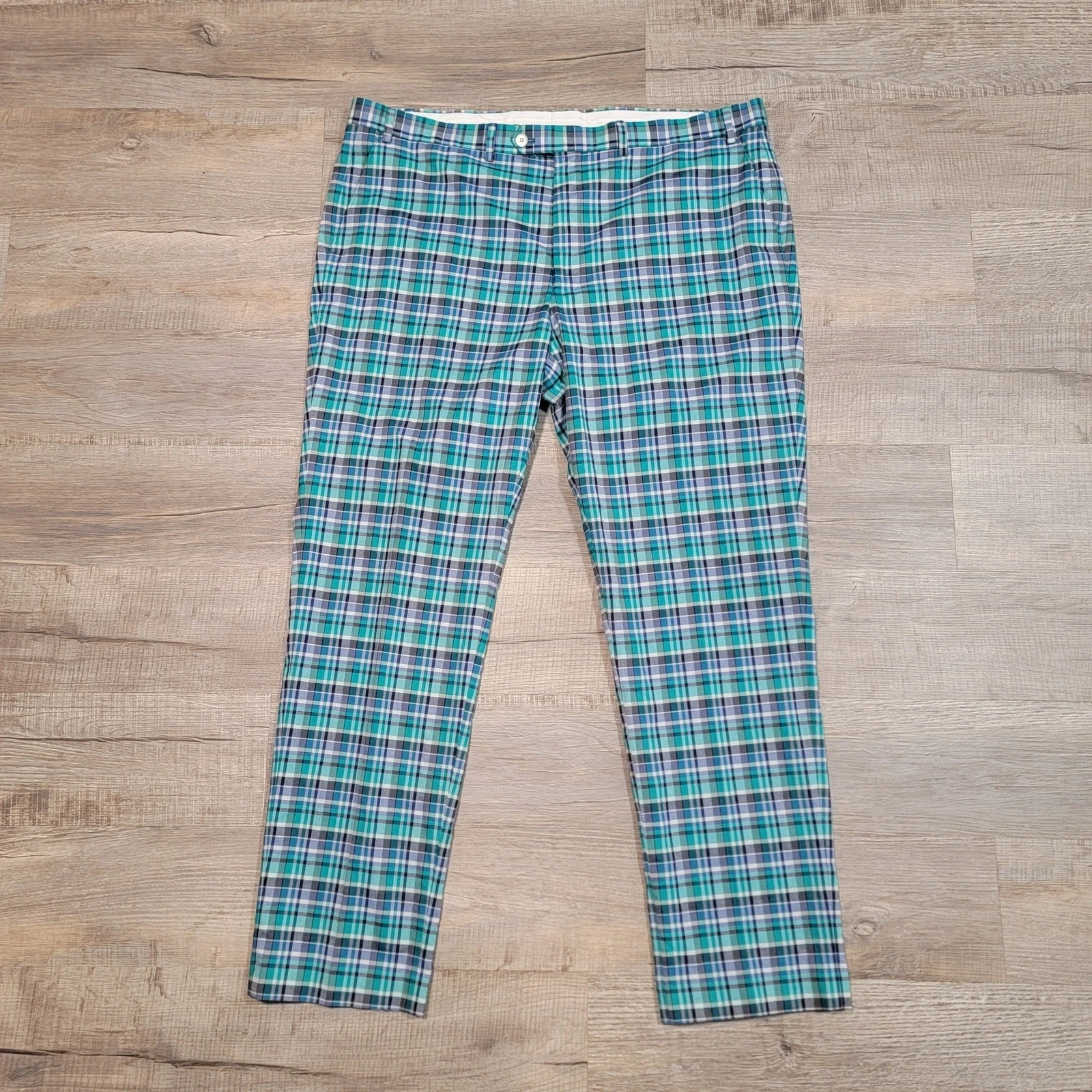 Ralph Lauren LRL Plaid Straight Leg Pants Mens Size 42x32 Green Blue Golf Preppy