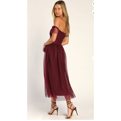 Lulus Regal Radiance Burgundy Tulle Bustier Off The Shoulder Midi Dress  Size S | eBay
