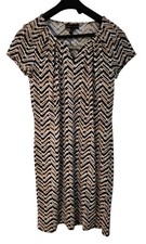 Danna Buchman Shift Dress Women's Size Medium Zig Zag Silky Black Beige Short