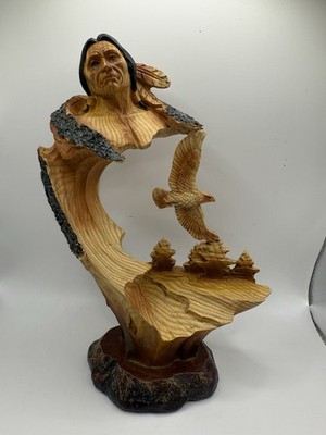 Indianer Häuptling Figur, Federkopfschmuck und Adlerflügel, geschnitzt