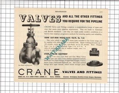Crane Ltd Leman Street London Kranventile und Armaturen - 1951 Werbung