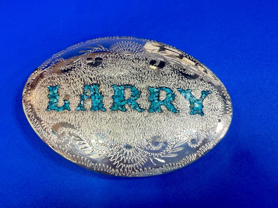 Nombre Personalizado LARRY con Incrustación de Chip Turquesa Ovalado Arte Indio Nativo Hebilla de Cinturón Foto 3 de 4
