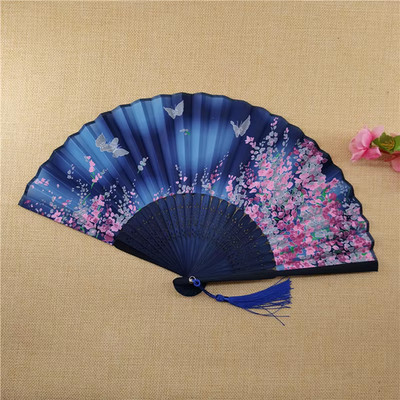 Fächer Handfächer Taschenfächer Bambus Stoff Handarbeit blau floral