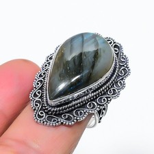Natural Labradorite Gemstone 925 Sterling Silver Jewelry Ring Size 9 US 