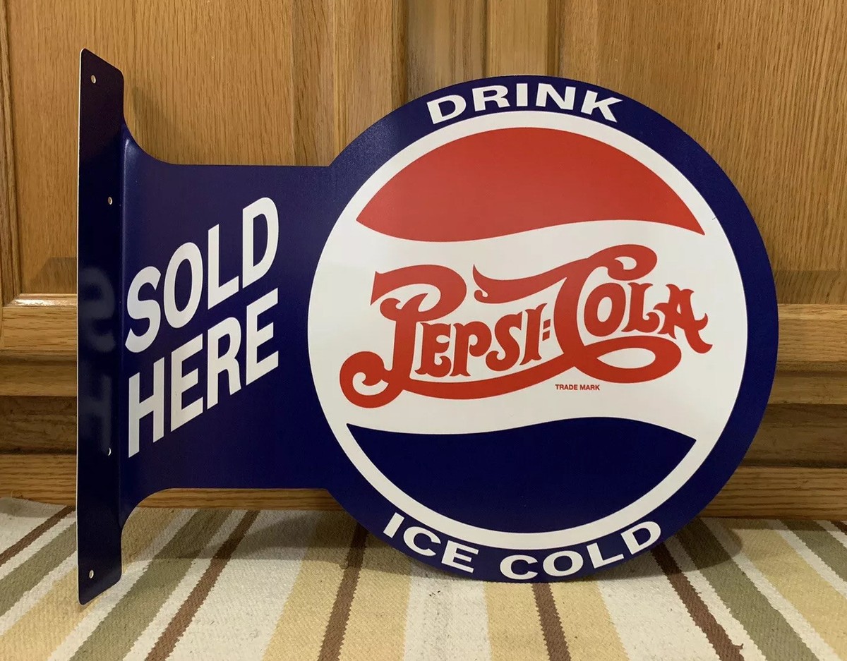 Pepsi Sign Flange Metal Double Sided Cola Sold Here Bottle