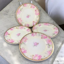 Antique Silesia Porcelain Ceramic Round Dish Plate Hand Painted Floral Gold Set4