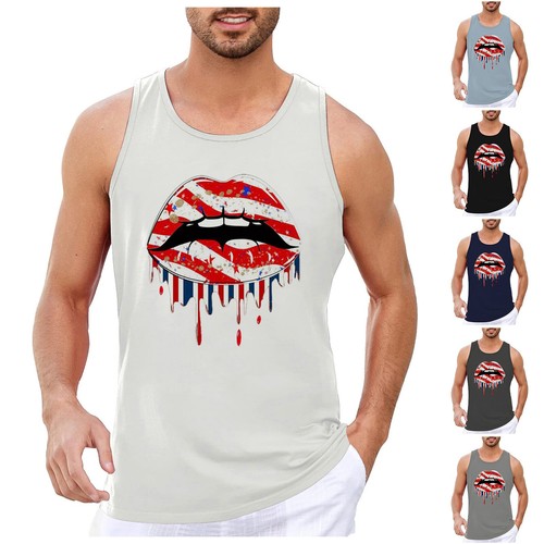 Men's Vest Top Independence Day Flag Printed Casual Shirt Sleeveless Tank Tee - Picture 6 of 141