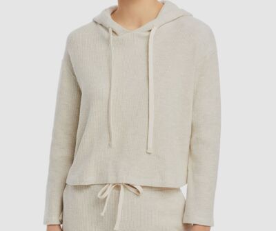 $146 Monrow Women's Beige Cropped Thermal Pullover Hoodie Sweater