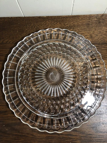 Vintage Federal Glass 11.25" Footed Cake Plate Sunflower Bubbles Scallop