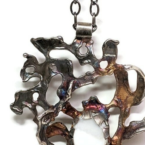 Silver Pendant Necklace White Agate Brutalist Abstract Artisan Scandinavian 830 - Picture 7 of 12