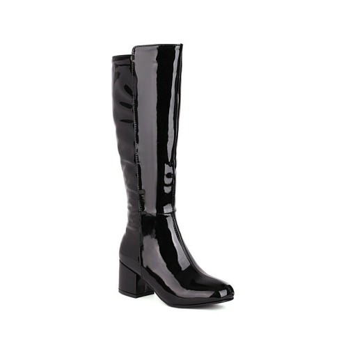 Womens Heels Shoes Round Toe Casual Block Heel Patent Leather Knee High Boots - Picture 12 of 15