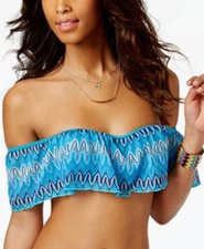 Hula Honey Junior Large Blue Printed Off-Shoulder Underwire Swimsuit TOP NWT L