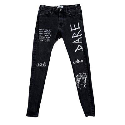 Legend London Jeans Spray On Skinny Graffiti Print Black Denim