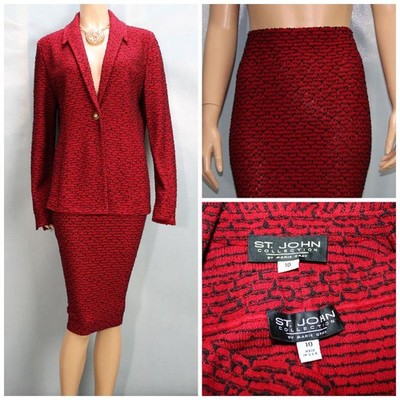 ST. JOHN Collection Red Black Jacket Skirt L Sz 10 12 2pc Suit Buttons Collared
