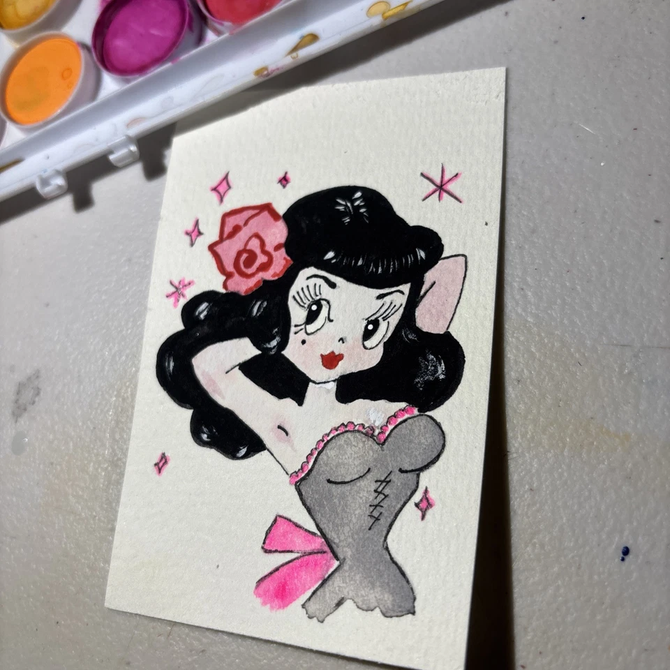 Original ACEO Miniatura Acuarela Acrílico Niña Mujer Pinup Burlesque Foto 4 de 4