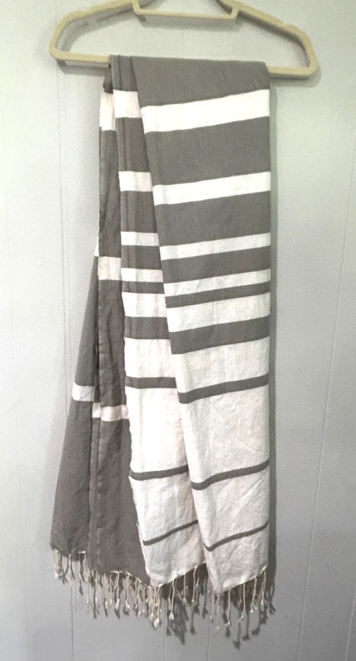 Scents & Feel Turkish Beach Pool Towel Striped Gray & White 100% Cotton Canvas - Image 3 of 4