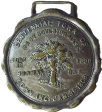 VERY RARE - 1908 WEST BOYLSTON, MASS. CENTENNIAL WATCH FOB BOSTON BADGE EC 7970