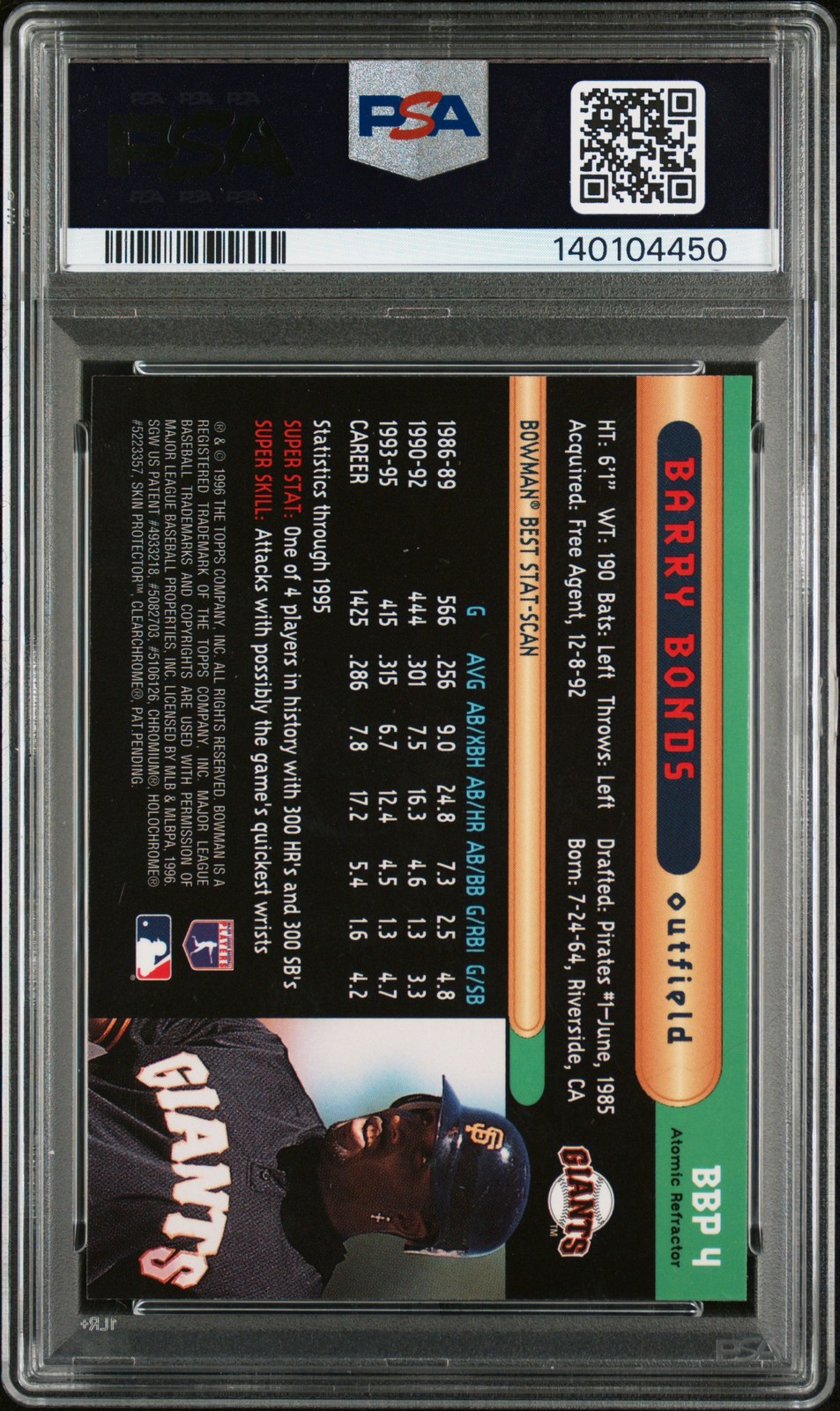 1996 BOWMAN'S BEST PREV ATOMIC REFRACTOR #BBP4 BARRY BONDS PSA 9 view 2