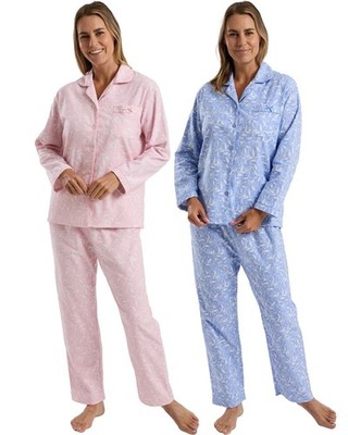 Marlon Damen Baumwoll Schlafanzug hübsch Blumen Wincey Knopf Langarm Pyjama