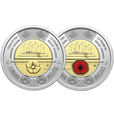 🇨🇦 Canada $2 Dollars Toonie Coin, Unknown Soldier tomb, Color +